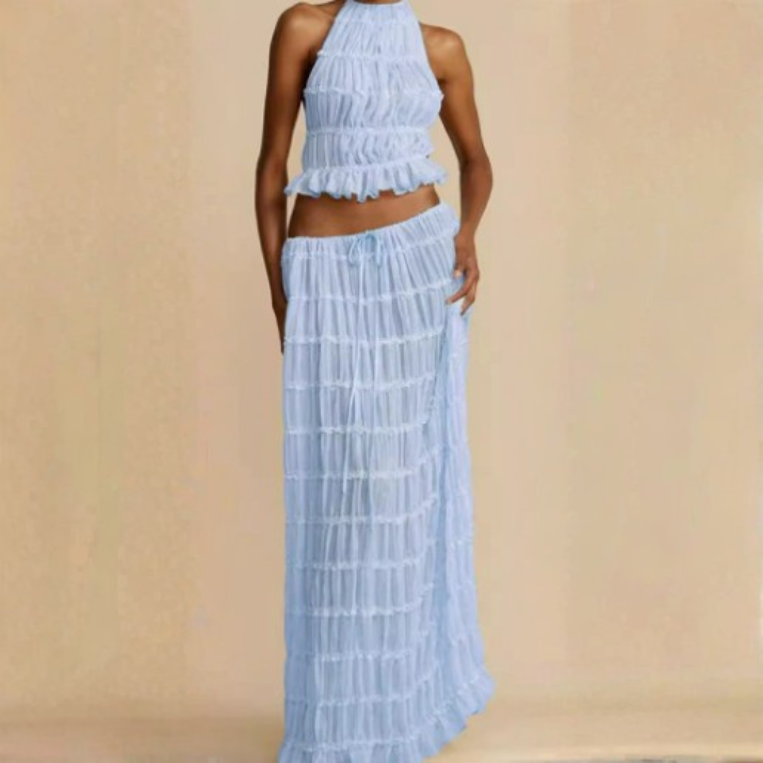 Women's Two-Piece Set with Halter Neckline and Maxi Skirt