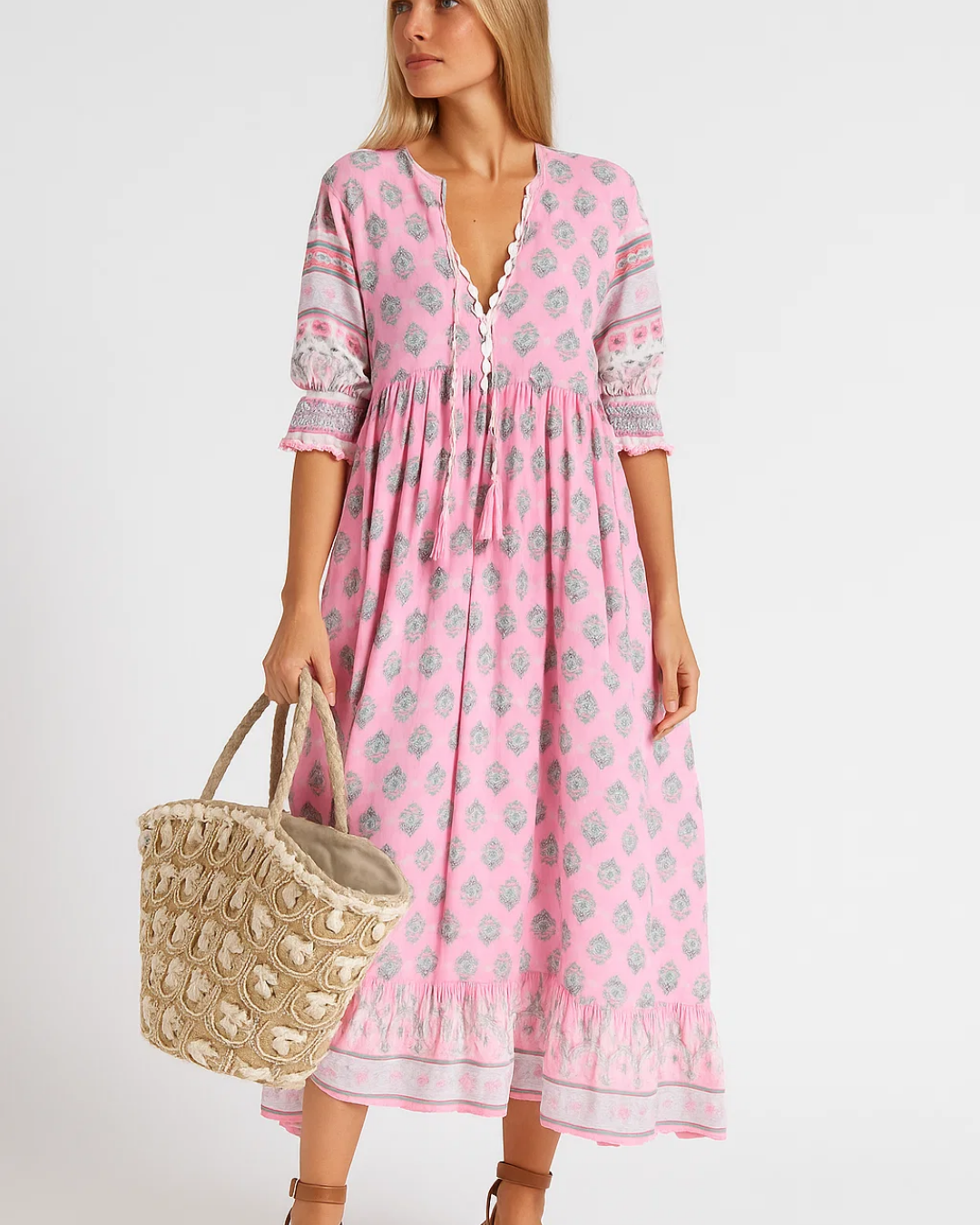 Women's Boho-Style V-Neck Floral Midi Dress