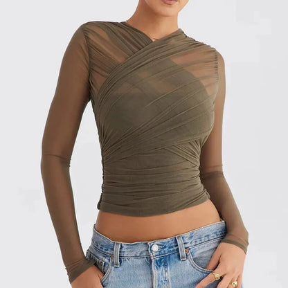 Women’s Sheer Criss-Cross Long Sleeve Top