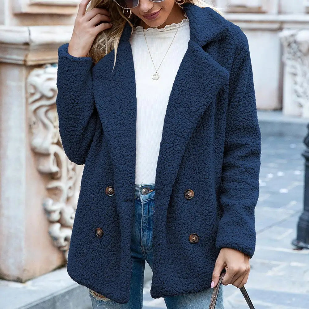 Women’s Teddy Coat – Oversized Fit – Plush Fleece – Double-Breasted Mid-Length Style