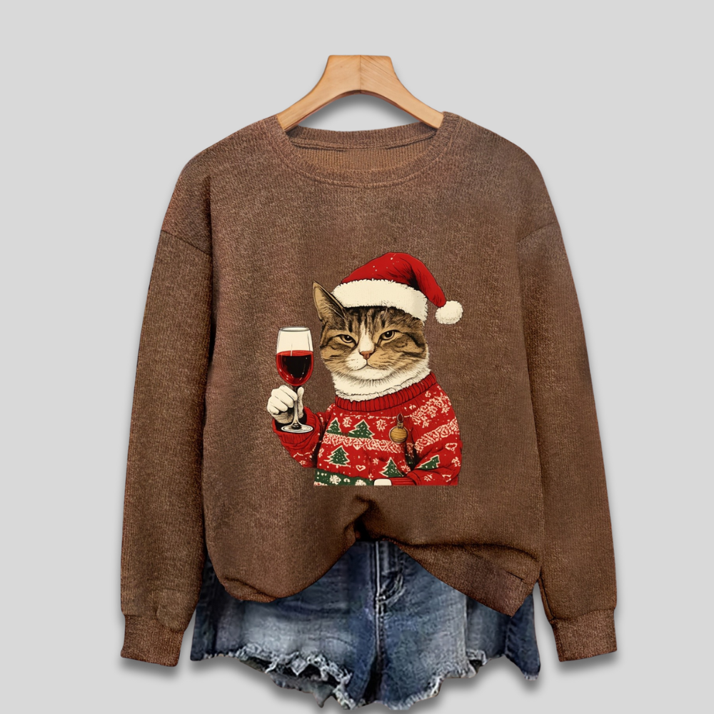 Ugly Christmas Sweater For Women Funny Cat Santa Hat With Wine Graphic Cozy Festive Warm