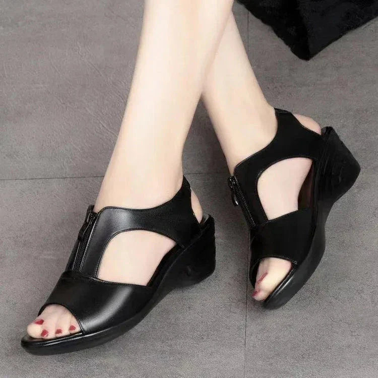 Dawn Cut-Out Zipper Front Wedge Sandals