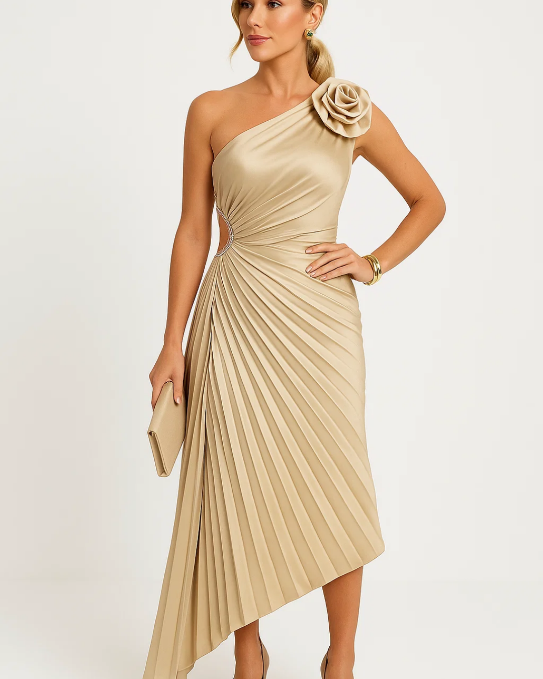 Women's One-Shoulder Pleated Midi Dress