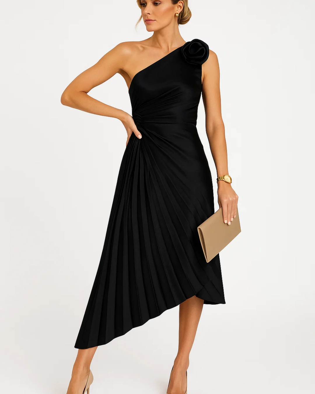 Women's One-Shoulder Pleated Midi Dress