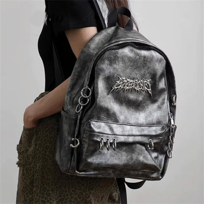 TrendAura Rebel Chrome Backpack - Vegan Leather With Eye-Catching Metal Circles And Secure Zipper Closures