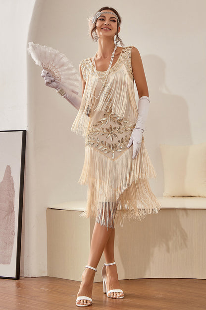 Women's Flapper Dress - Pearls and Sequins - Fringes - Sleeveless Vintage Look