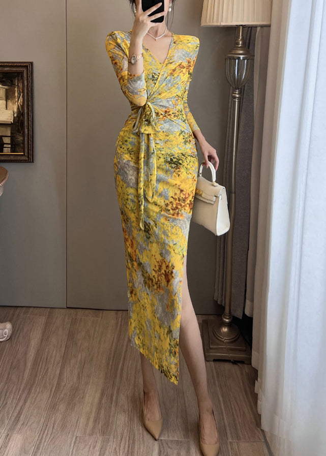 Robe de soirée en tulle imprimé jaune, ouverture latérale, été - TrendAura