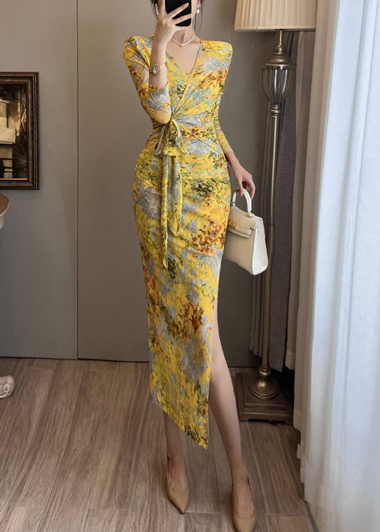 Robe de soirée en tulle imprimé jaune, ouverture latérale, été - TrendAura