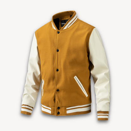 Men's Varsity Jacket Classic Fit With Wool Look Body And Leather Look Sleeves Snap Button Closure