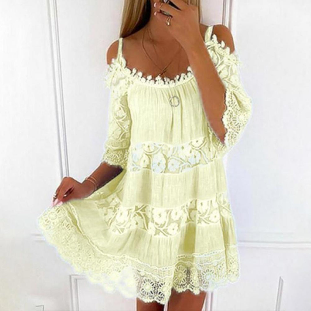 Women’s Off-Shoulder Mini Dress – Flowy Fit – Lace Panels – 3/4 Sleeve – Lightweight
