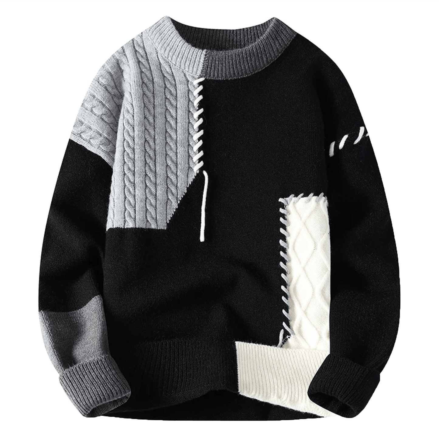 Jasper Men's Patchwork Knit Sweater With Colorblock Cable Details For Cozy Winter Casual Wear