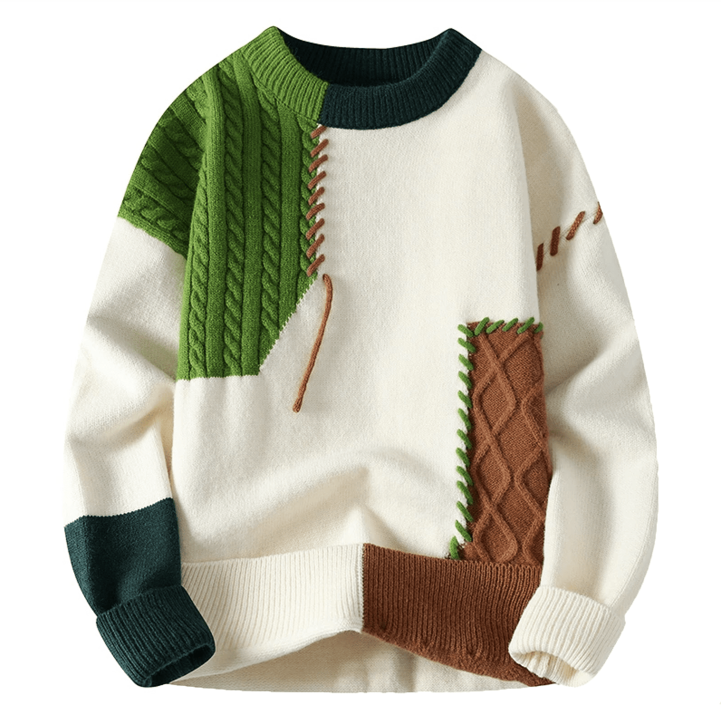 Jasper Men's Patchwork Knit Sweater With Colorblock Cable Details For Cozy Winter Casual Wear