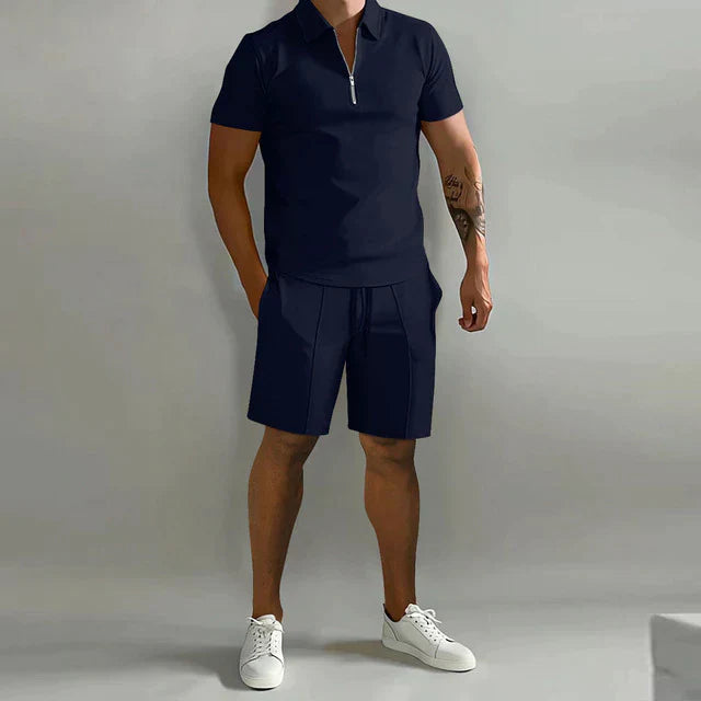 Men's Set Short Sleeve Polo With Zip Slim Fit Top And Drawstring Shorts For Casual Activewear