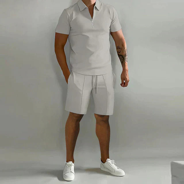 Men's Set Short Sleeve Polo With Zip Slim Fit Top And Drawstring Shorts For Casual Activewear