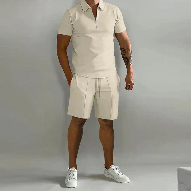 Men's Set Short Sleeve Polo With Zip Slim Fit Top And Drawstring Shorts For Casual Activewear