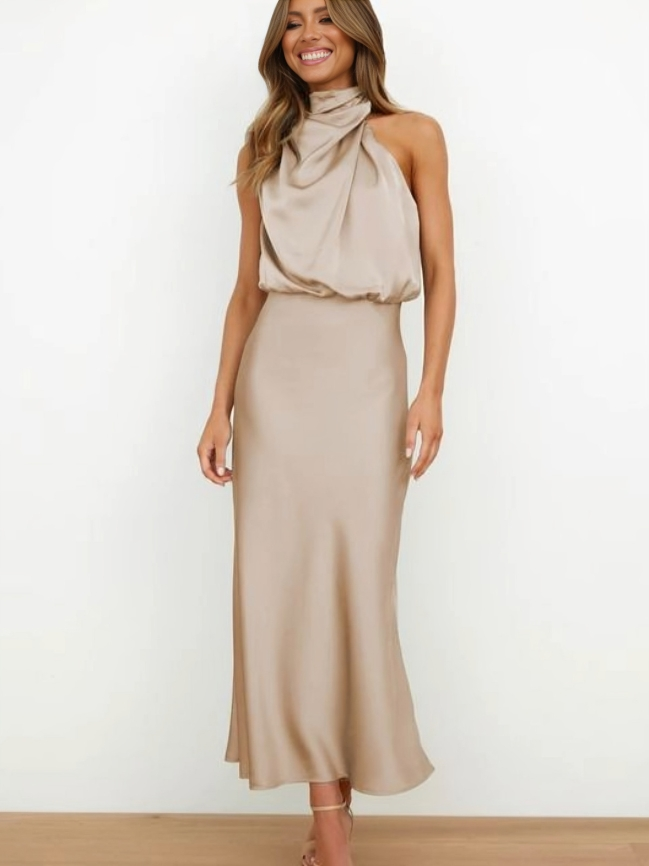 Women's Halter Evening Dress with Open Back and Floor-Length Design