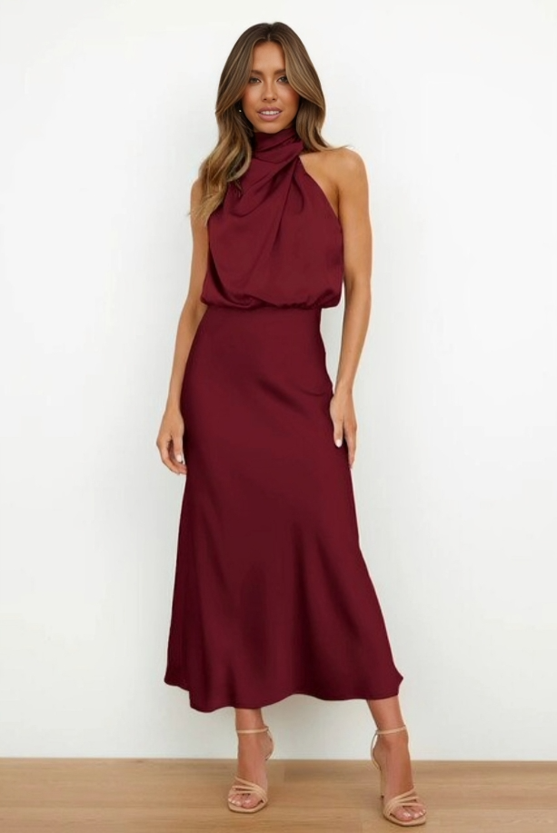Women's Halter Evening Dress with A-Line Silhouette and Back Tie