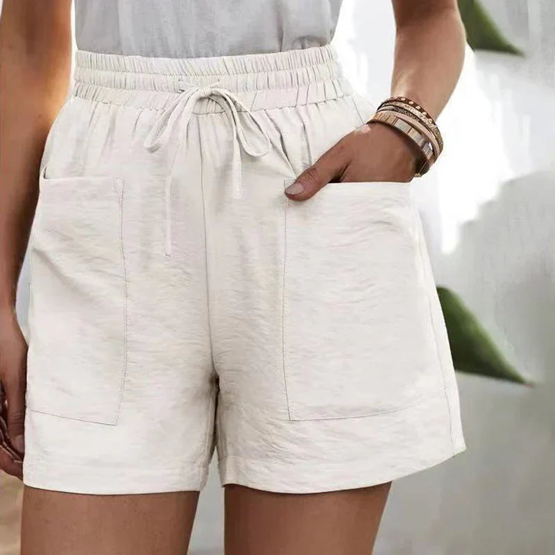 Casual linen shorts for women with elastic waistband and front pockets
