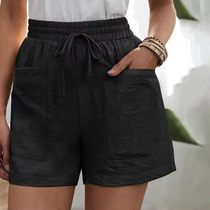 Casual linen shorts for women with elastic waistband and front pockets