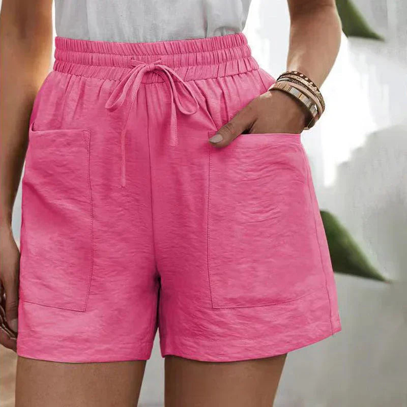 Casual linen shorts for women with elastic waistband and front pockets