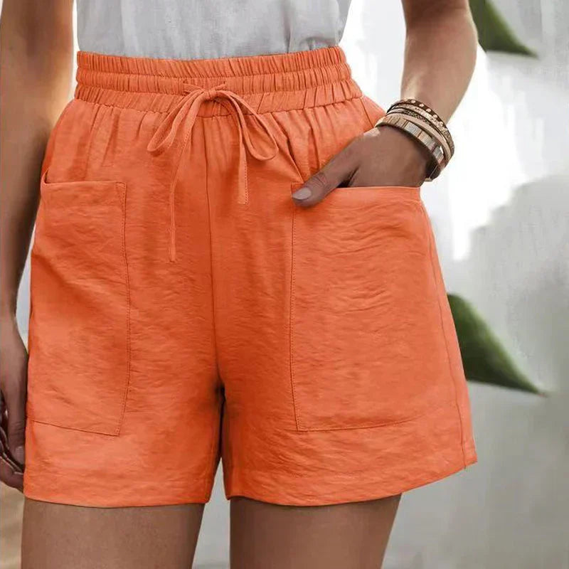 Casual linen shorts for women with elastic waistband and front pockets