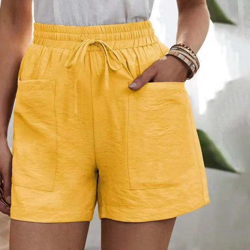 Casual linen shorts for women with elastic waistband and front pockets