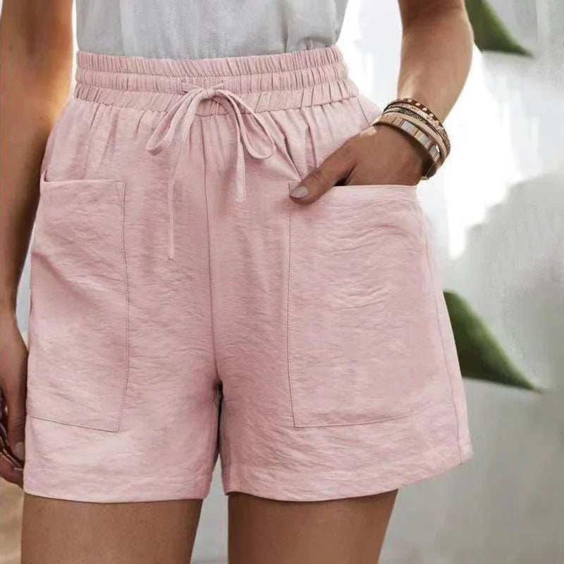 Casual linen shorts for women with elastic waistband and front pockets