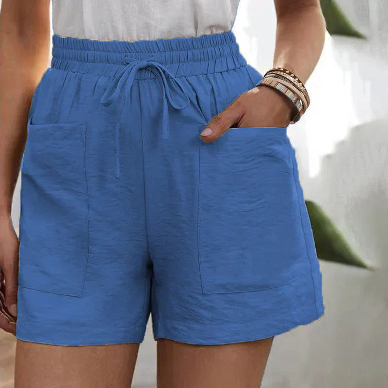 Casual linen shorts for women with elastic waistband and front pockets