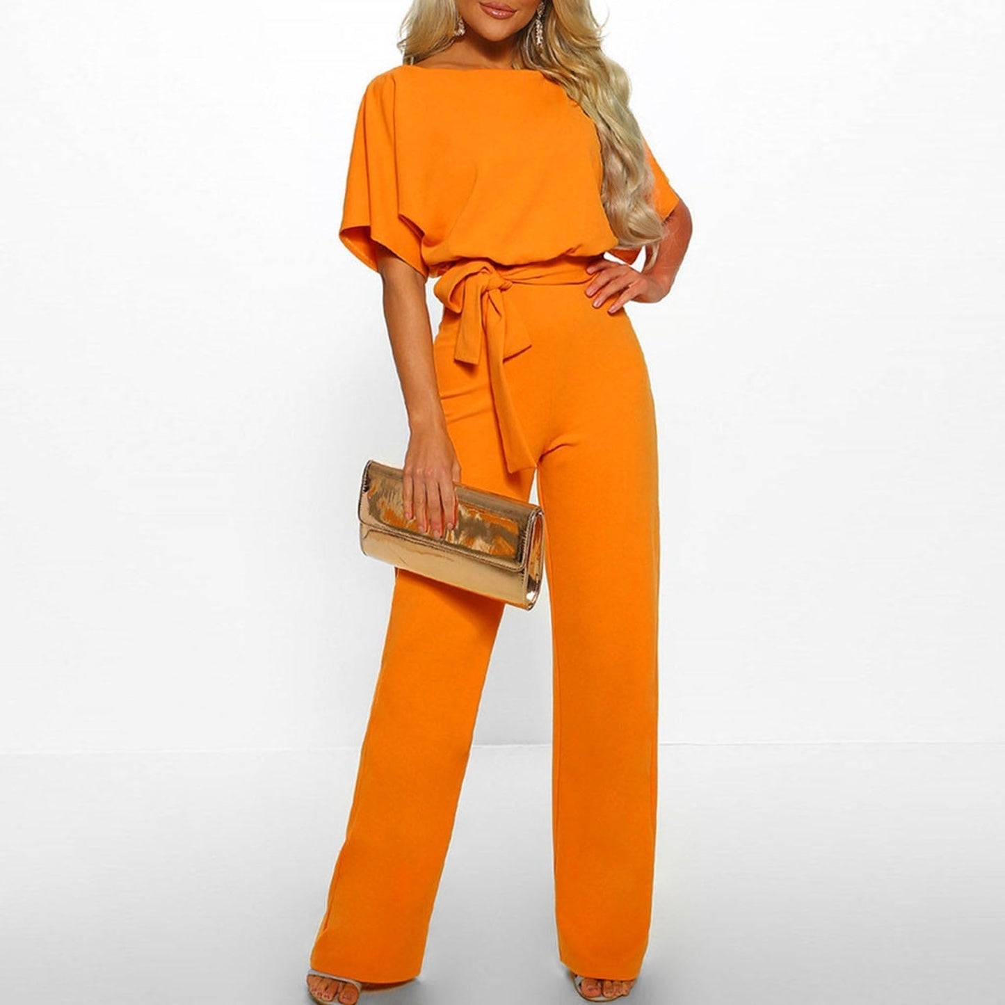 Wide-leg jumpsuit for women, short sleeves, elegant