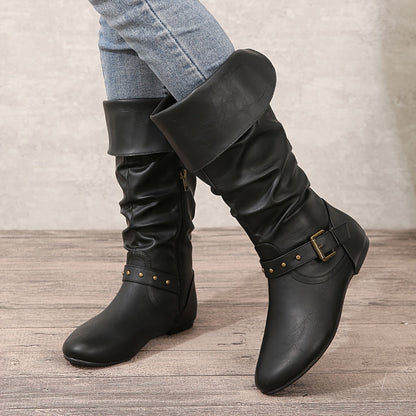 Women's Knee-High Boots with Side Zip and Sturdy Sole