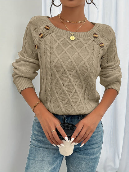 Olivine Women Cable Knit Sweater Cozy Warmth Crew Neck Pullover For Everyday Style