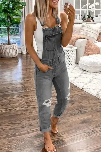 Women's pants - Casual denim jumpsuit with tears and adjustable straps