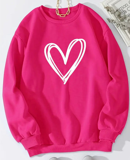 Heart print crew neck long sleeve sweatshirt