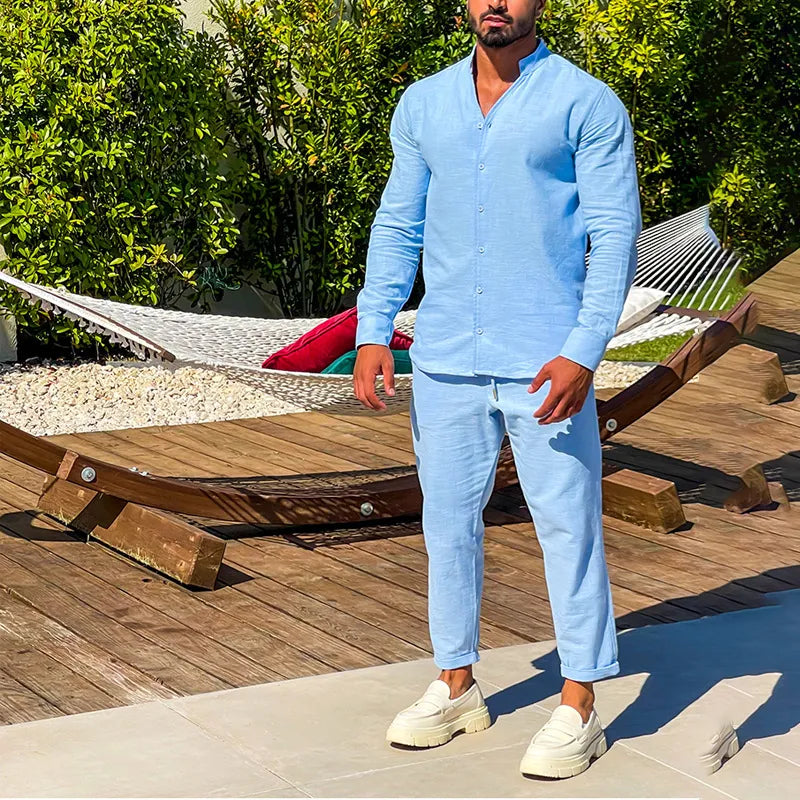 Max Linen Set For Men Breathable Lightweight Comfort Shirt And Pants For Casual Summer Days And Versatile Wear