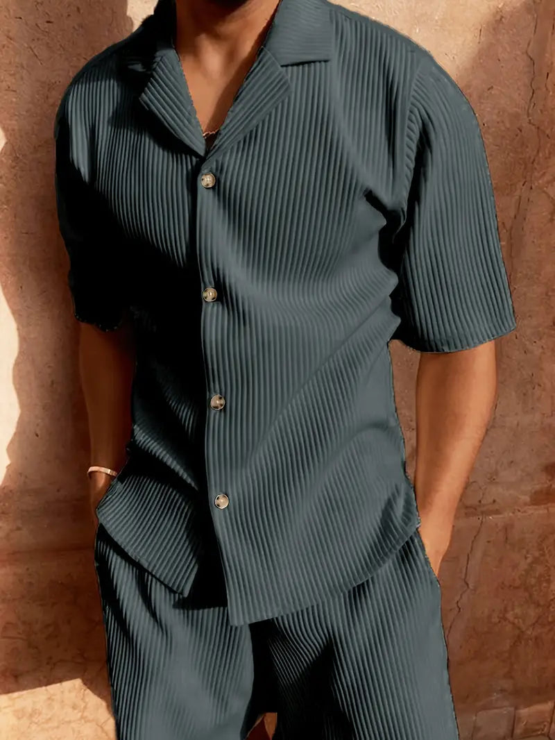 Luca Corduroy Button Up Summer Set For Men Airy Breathable Comfort Short Sleeve Shirt And Matching Shorts