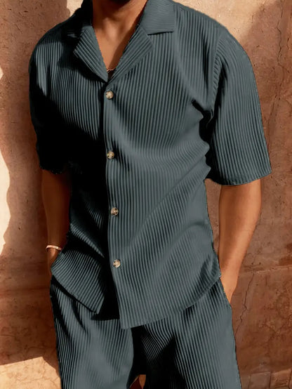 Luca Corduroy Button Up Summer Set For Men Airy Breathable Comfort Short Sleeve Shirt And Matching Shorts