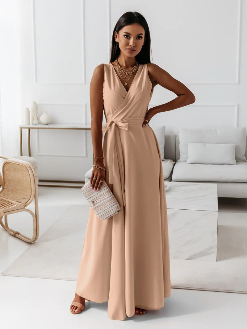 Noelia Solid Long Dress V Neck For Women Timeless Elegant Silhouette For All Occasions