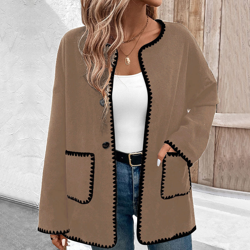 Colorblock Fleece Coat With Pockets Long Sleeve For Casual City Wear And Weekend Comfort