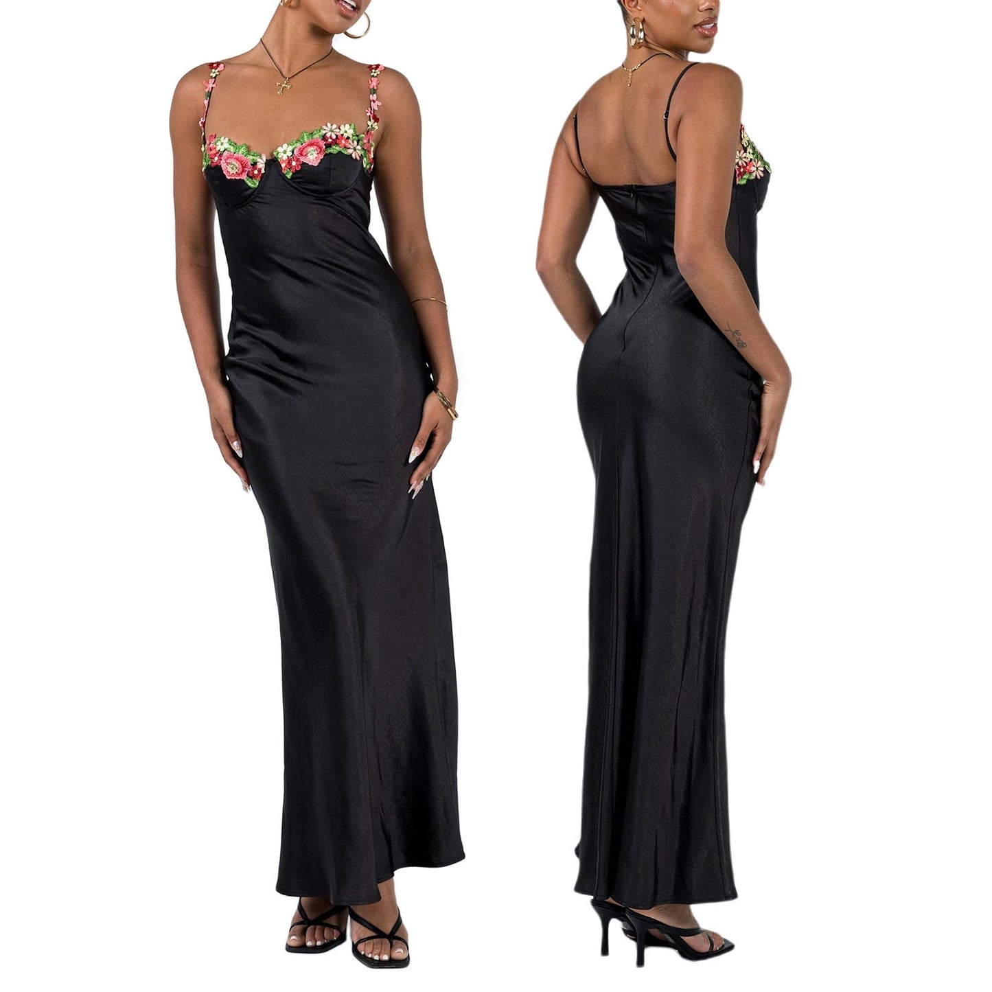 Women's Elegant Maxi Dress with Embroidery – Satin Slip Dress for Festive Occasions and Parties