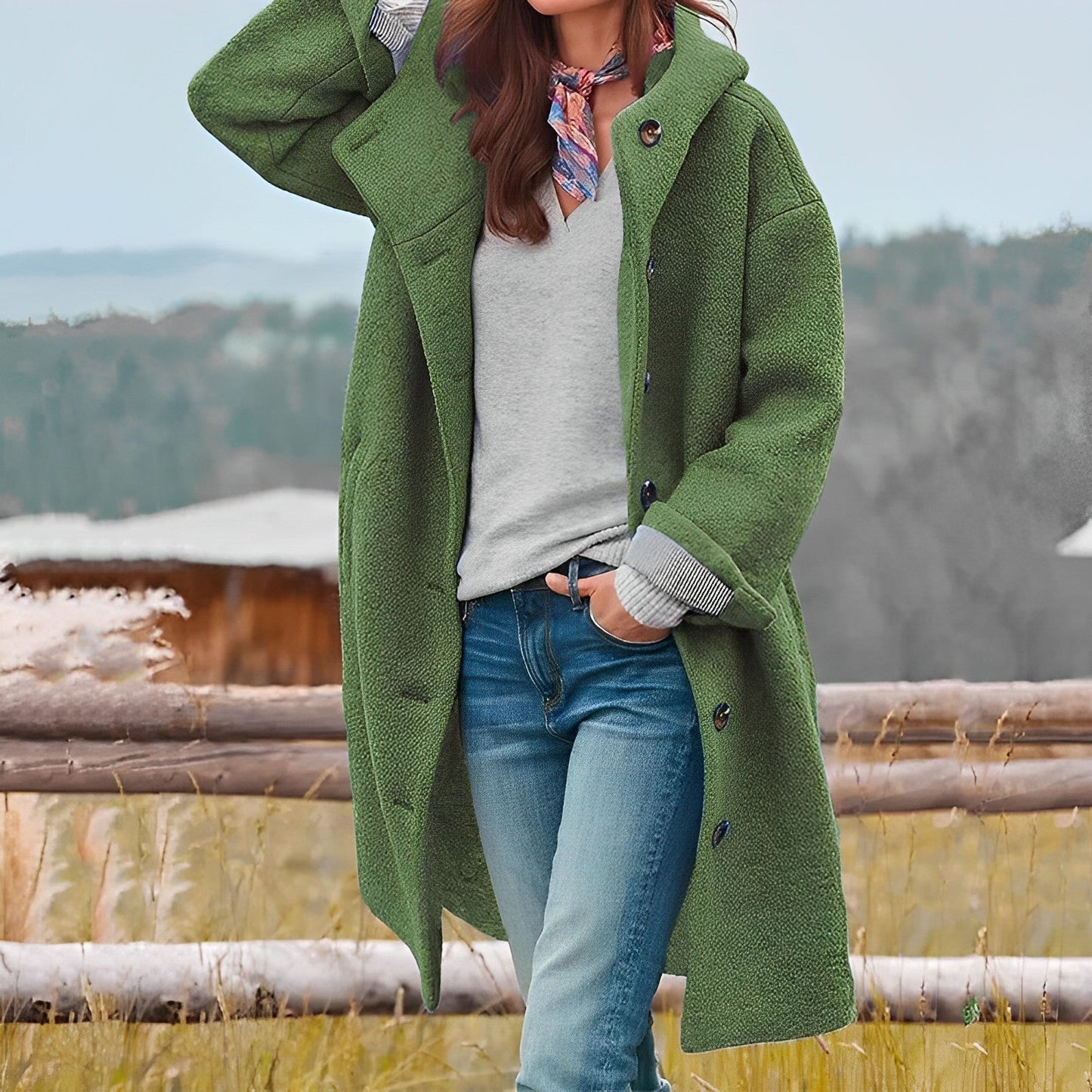 Layla Long Hooded Coat for Women Oversized Knit Winter Jacket with V Neck Soft Warm Casual Style