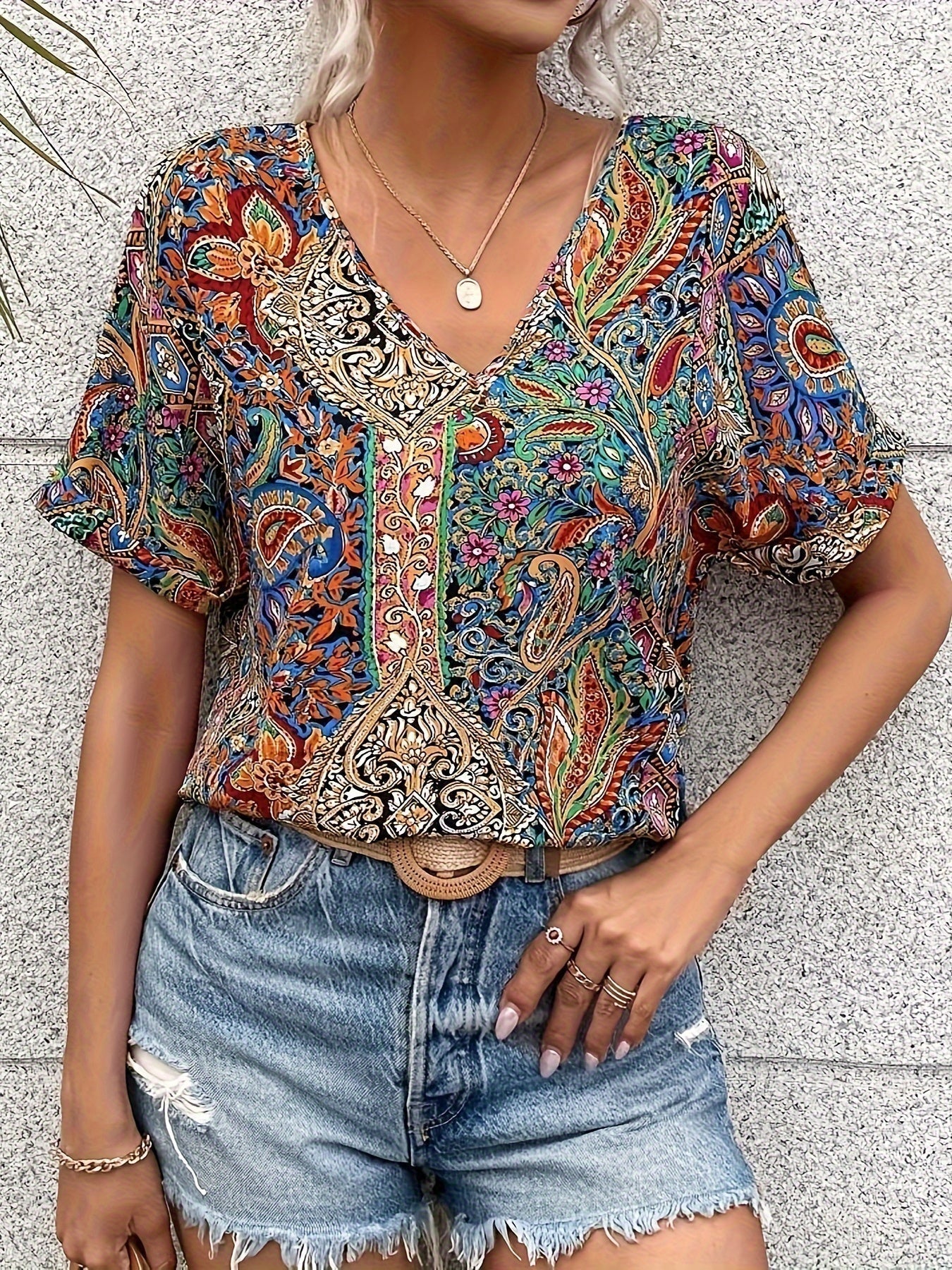 Women's Boho Flower Blouse | Short Sleeve