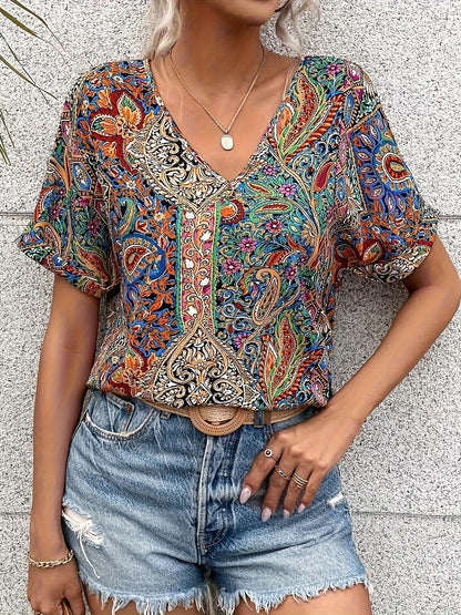 Women's Boho Flower Blouse | Short Sleeve