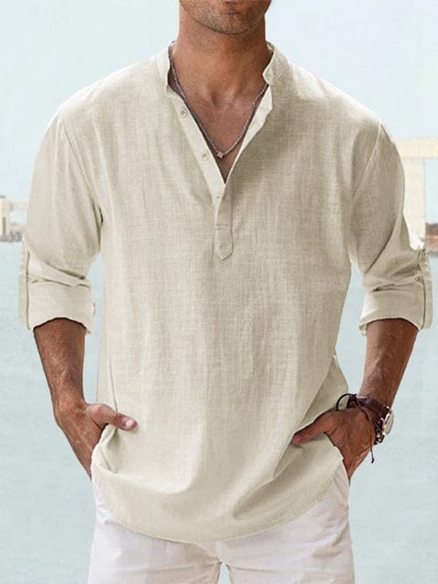 Max Linen Cotton Mao Collar Shirt For Men With Long Sleeves And Front Button Placket Versatile Office And Casual Wear