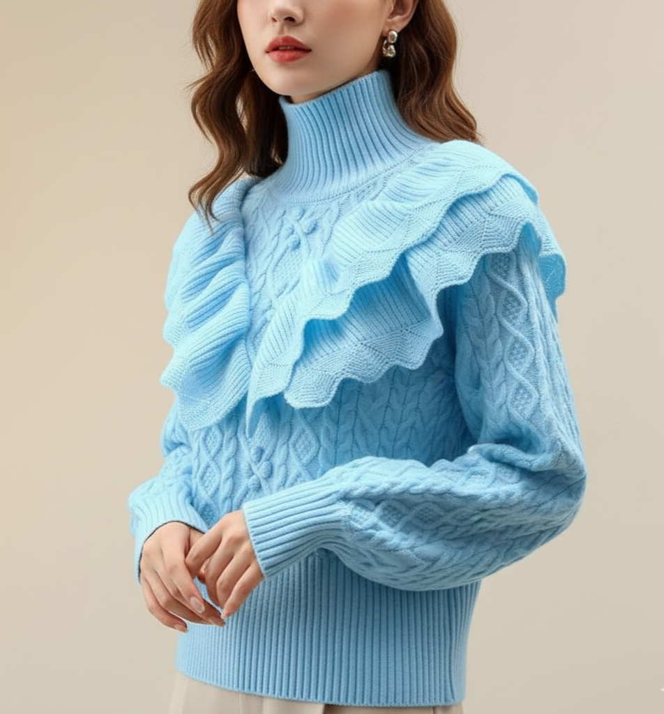 Women's Sweater - Ruffled Shoulder - Cable Knit - High Neck - Chic Style