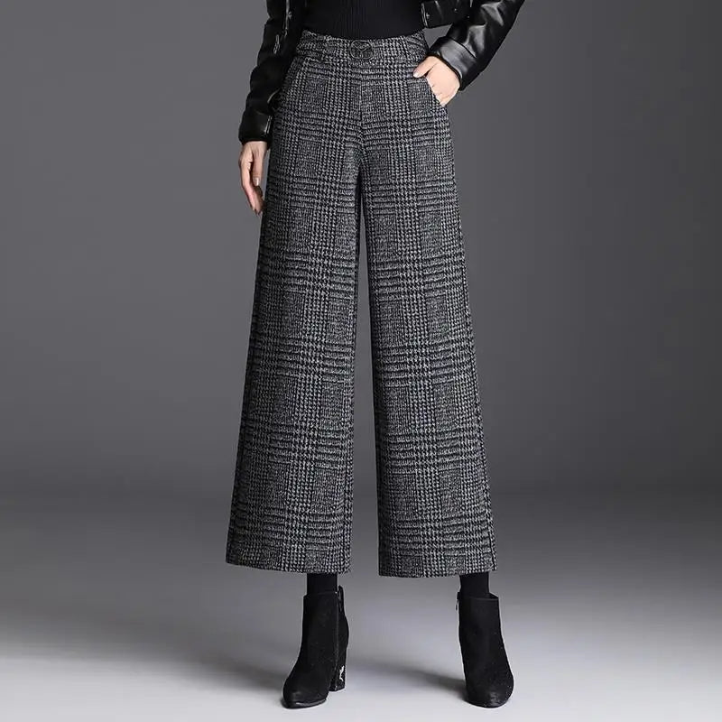 Nordic Wool High-Waist Wide-Leg Trousers | Check Ankle-Length Trousers