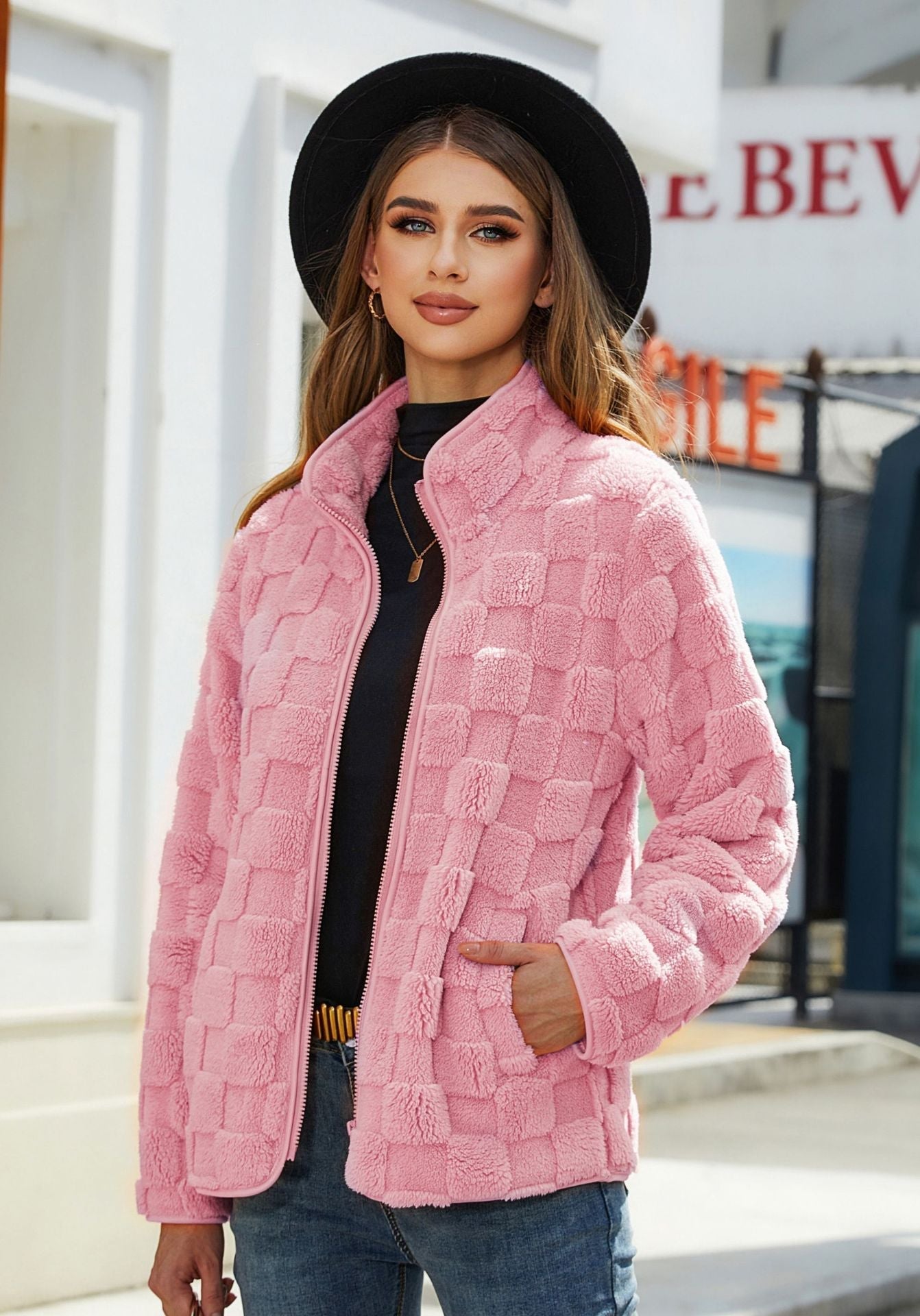 TrendAura Womens Cozy Fleece Zip Front Jacket With High Collar For Winter Warmth Everyday Wear