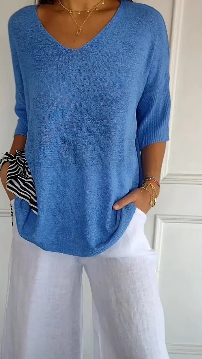 Women's V-neck Oversized Knit Top | Half Sleeve