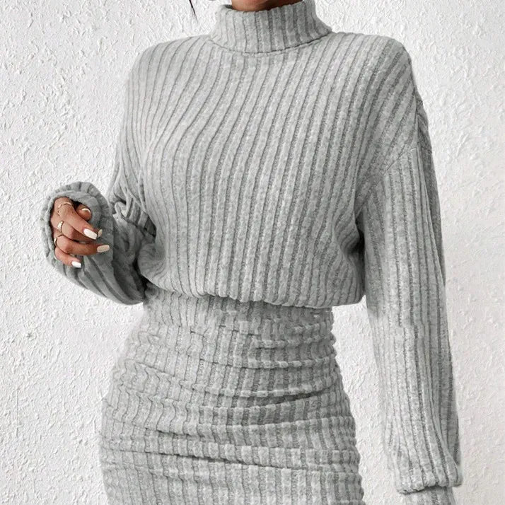 Knitted Sweater Dress With High Collar For Women Ribbed Texture Cozy Winter Elegance