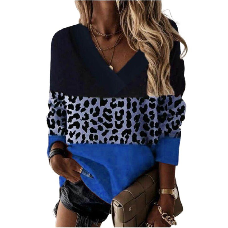 Leopard Print V Neck Sweater For Women Versatile Long Sleeve Soft Polyester Blend Flattering Fit