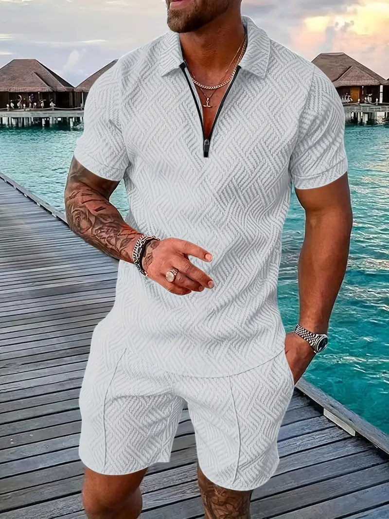 Mens Textured Zipper Polo Set Shirt And Shorts For Beach Or Lounge Bold Modern Comfort